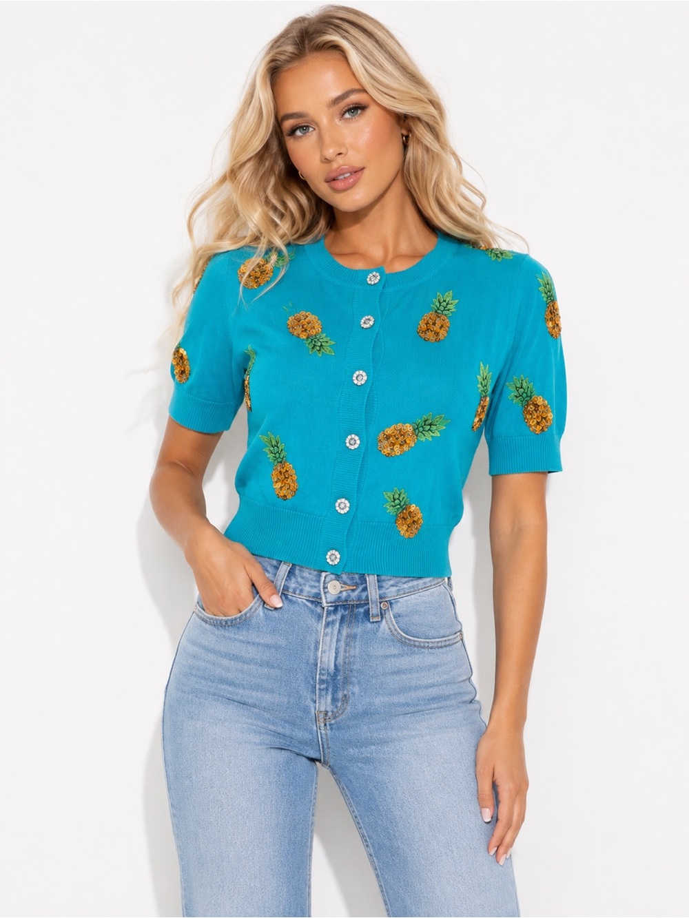 Alice + Olivia Turquoise Pineapple Sequin Cardigan Size S - Picture 3 of 6